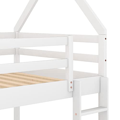 Bellemave Twin Over Twin House Bunk Bed for Kids,Floor Bunk Beds with Ladder and Guardrails,Solid Wood Twin Size Low Bunk Bed for Girls Boys,White