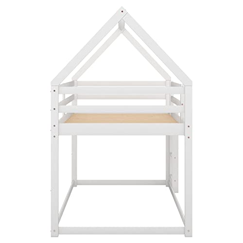 Bellemave Twin Over Twin House Bunk Bed for Kids,Floor Bunk Beds with Ladder and Guardrails,Solid Wood Twin Size Low Bunk Bed for Girls Boys,White