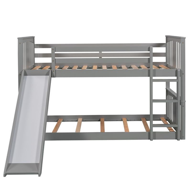 TURRIDU Bunk Bed Twin Over Twin with Slide, Low Solid Wood Twin Bunk Bed Frame with Safety Guardrails and Ladder for Boys Girls Adults, No Box Spring Needed, Gray