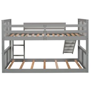 TURRIDU Bunk Bed Twin Over Twin with Slide, Low Solid Wood Twin Bunk Bed Frame with Safety Guardrails and Ladder for Boys Girls Adults, No Box Spring Needed, Gray