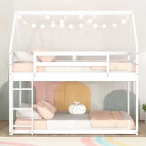 Bellemave Twin Over Twin House Bunk Bed for Kids,Floor Bunk Beds with Ladder and Guardrails,Solid Wood Twin Size Low Bunk Bed for Girls Boys,White