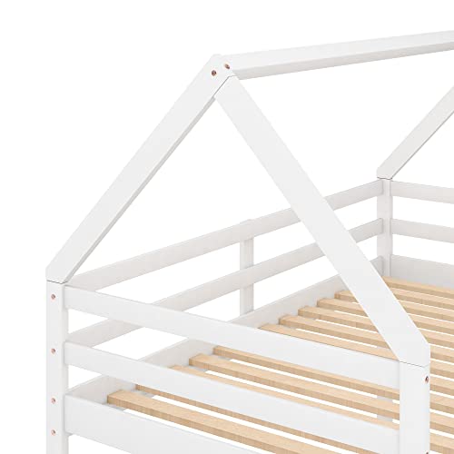 Bellemave Twin Over Twin House Bunk Bed for Kids,Floor Bunk Beds with Ladder and Guardrails,Solid Wood Twin Size Low Bunk Bed for Girls Boys,White