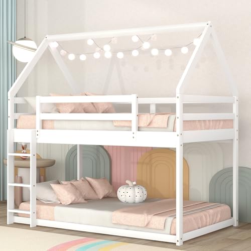 Bellemave Twin Over Twin House Bunk Bed for Kids,Floor Bunk Beds with Ladder and Guardrails,Solid Wood Twin Size Low Bunk Bed for Girls Boys,White