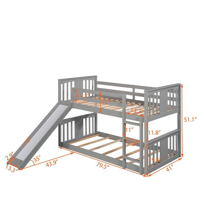 TURRIDU Bunk Bed Twin Over Twin with Slide, Low Solid Wood Twin Bunk Bed Frame with Safety Guardrails and Ladder for Boys Girls Adults, No Box Spring Needed, Gray