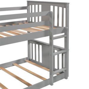 TURRIDU Bunk Bed Twin Over Twin with Slide, Low Solid Wood Twin Bunk Bed Frame with Safety Guardrails and Ladder for Boys Girls Adults, No Box Spring Needed, Gray