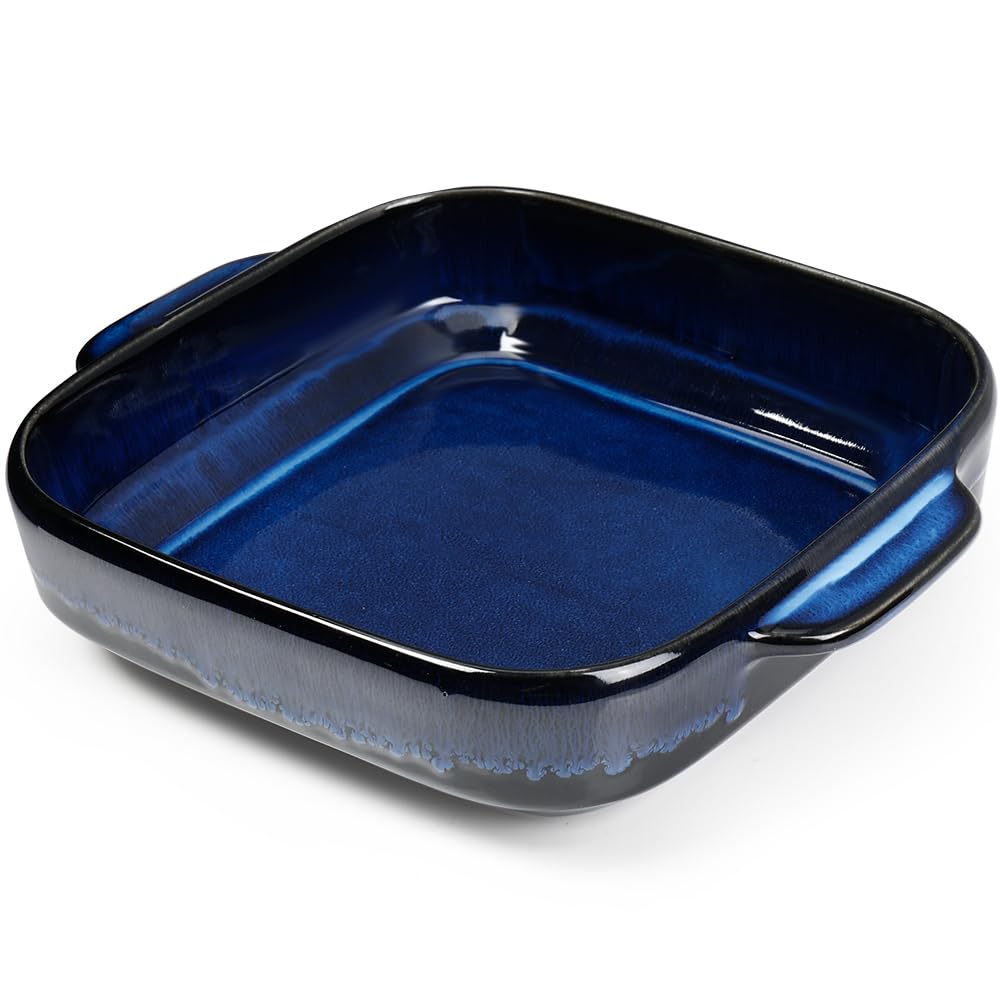 Ceramic Baking Dish - 8x8 Deep Square Baking Pan, Lasagna Pan with Double Handles, Non-Stick Casserole Pan for Oven, Brownie, Lasagna, Roasting - Home Gift (Reactive Glaze Blue)