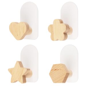 morobor self adhesive wooden wall hooks, 4pcs wall mounted natural theme decorations hooks children's coat hooks cartoon wood hooks for towels, backpacks, hats and coats