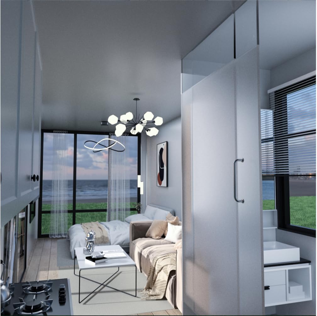 Generic Smart Portable Prefabricated Capsule Compact House Home with Deck with Balcony Spacious Bedroom.Smart Door Entry, Smart washroom Sunroof Solar Option, white