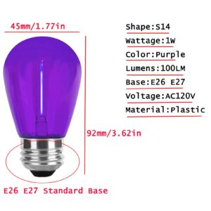 LRSUEYSKIN S14 Purple LED Bulbs 1W S14 LED Bulb Shatterproof Plastic Outdoor Indoor Filament Replacement Bulbs E26 Base Decorative LED String Light Bulbs for Party Home Wedding Halloween (Purple)