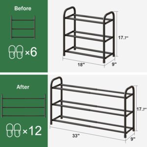 kiplant Shoe Rack for Closet, 3-Tier Expandable Shoe Organizer for Closet, Metal Adjustable Black Shoe Shelf Storage Organizer, Free Standing Shoe Rack for Entryway Closet Doorway