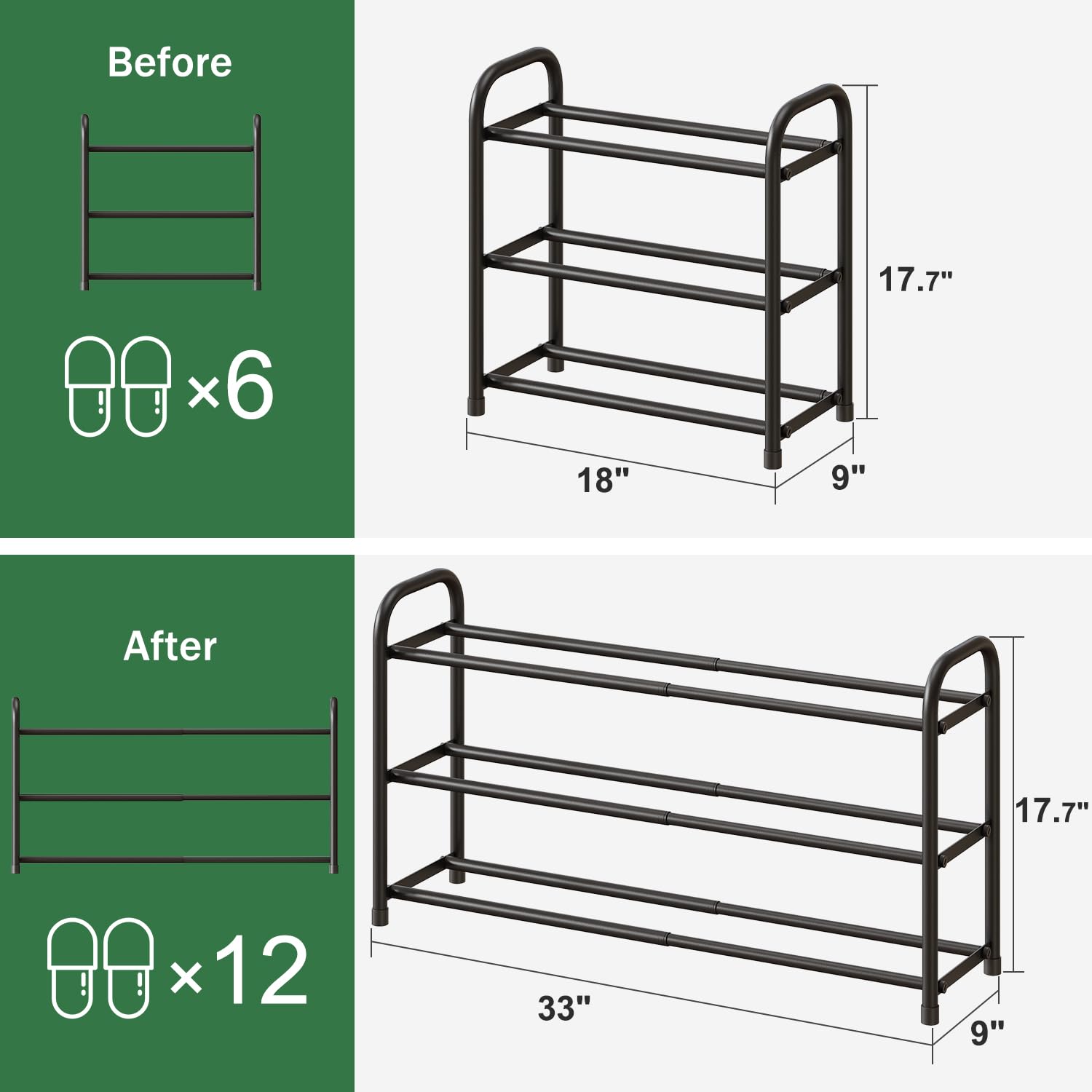 kiplant Shoe Rack for Closet, 3-Tier Expandable Shoe Organizer for Closet, Metal Adjustable Black Shoe Shelf Storage Organizer, Free Standing Shoe Rack for Entryway Closet Doorway