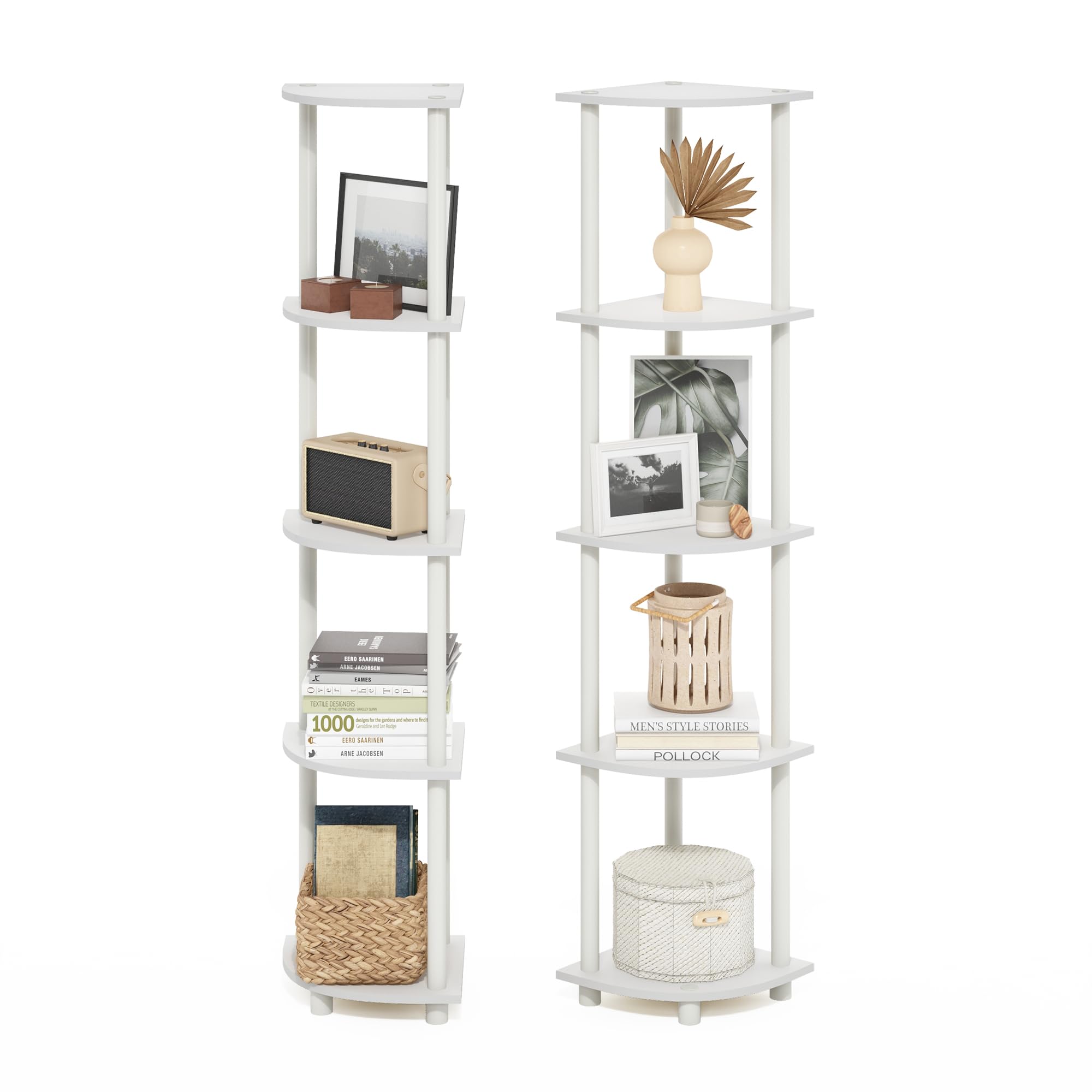 Furinno Turn-N-Tube 5 Tier Corner Display Rack Multipurpose Shelving Unit, White/White, Set of 2