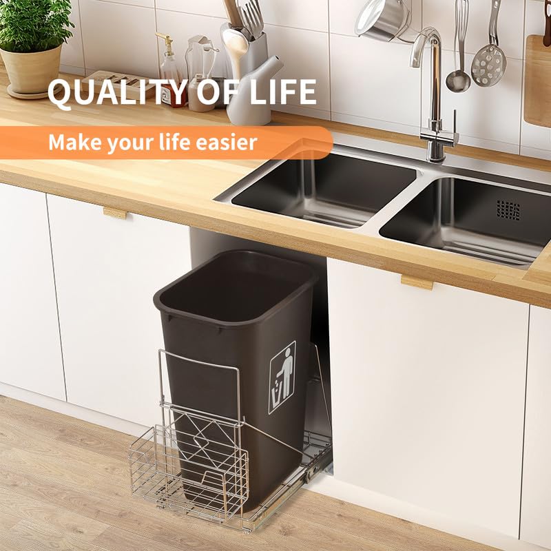 Nuoex Trash Can Pull Out Under Cabinet, Fit Most 7-11 Gallon Garbage Can, Slide Roll Out for Kitchen Trash Can, Under Cabinet Sink Waste Bin Pull Out Slider Kit with Basket (Waste Bin Not Included)