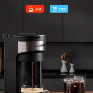 FOHERE Coffee Maker, Single Serve Iced and Hot Coffee Brewer for K Pod & Ground Coffee, with 90s Fast Brewing, 6 to 14 Oz Brew Sizes, 1000W Compact Coffee Machine with Water Window and Descaling Mode