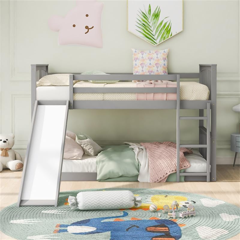 TURRIDU Bunk Bed Twin Over Twin with Slide, Low Solid Wood Twin Bunk Bed Frame with Safety Guardrails and Ladder for Boys Girls Adults, No Box Spring Needed, Gray