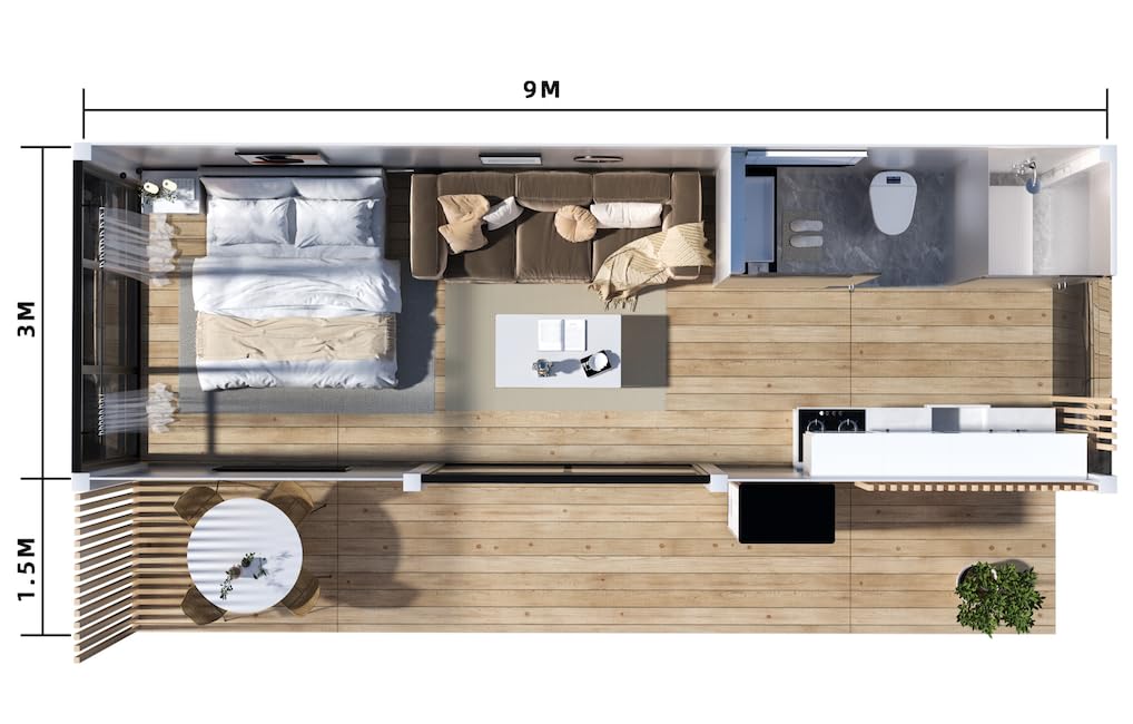 Generic Smart Portable Prefabricated Capsule Compact House Home with Deck with Balcony Spacious Bedroom.Smart Door Entry, Smart washroom Sunroof Solar Option, white