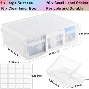 Haundry Photo Storage Box with 16 Inner 4" x 6" Photo Case, Portable Storage Organizer with Handle Craft Keeper for Picture, Stickers, Stamps, Screws, Hair Clips, Clear