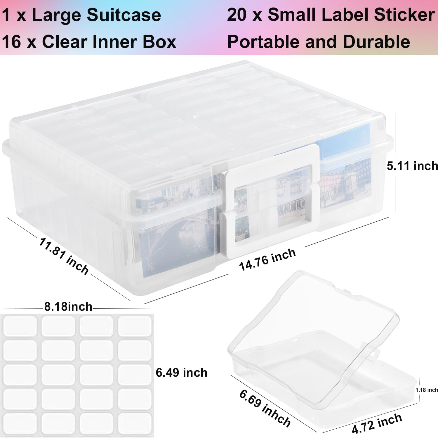 Haundry Photo Storage Box with 16 Inner 4" x 6" Photo Case, Portable Storage Organizer with Handle Craft Keeper for Picture, Stickers, Stamps, Screws, Hair Clips, Clear