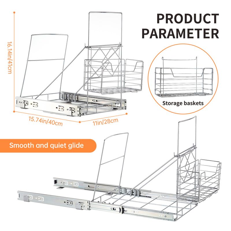 Nuoex Trash Can Pull Out Under Cabinet, Fit Most 7-11 Gallon Garbage Can, Slide Roll Out for Kitchen Trash Can, Under Cabinet Sink Waste Bin Pull Out Slider Kit with Basket (Waste Bin Not Included)