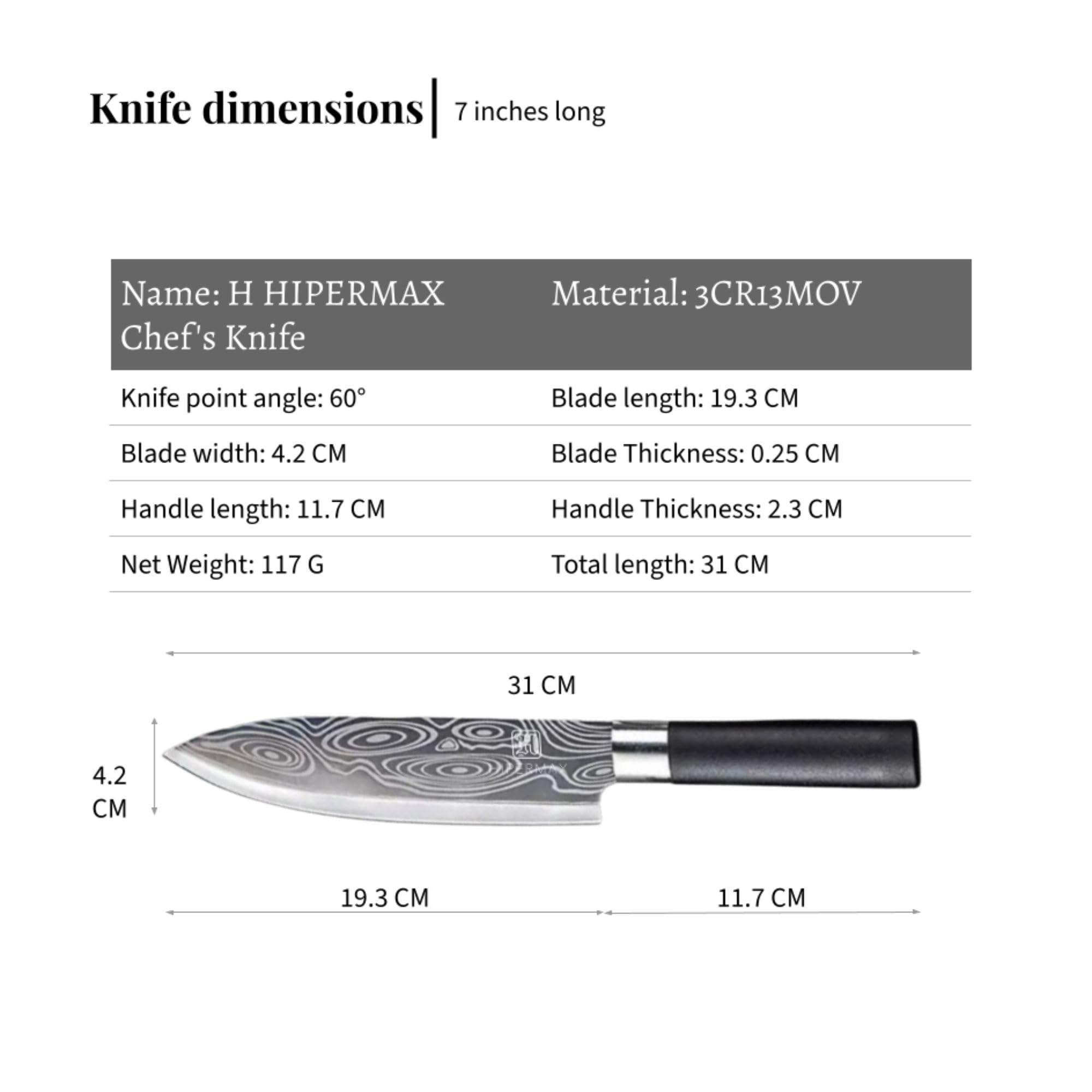 HIPERMAX kitchen knife professional multi-purpose 7 inch Damascus model, sharpened stainless steel with black ergonomic plastic handle for cutting food, deluxe gift box