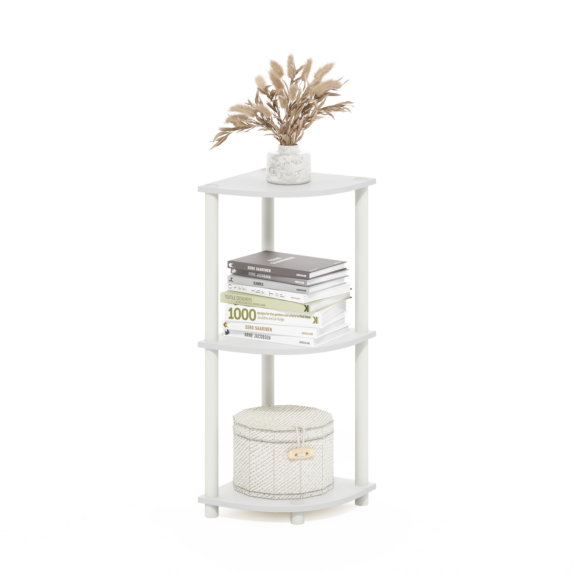 Furinno Turn-N-Tube 3-Tier Corner Display Rack Multipurpose Shelving Unit, White/White