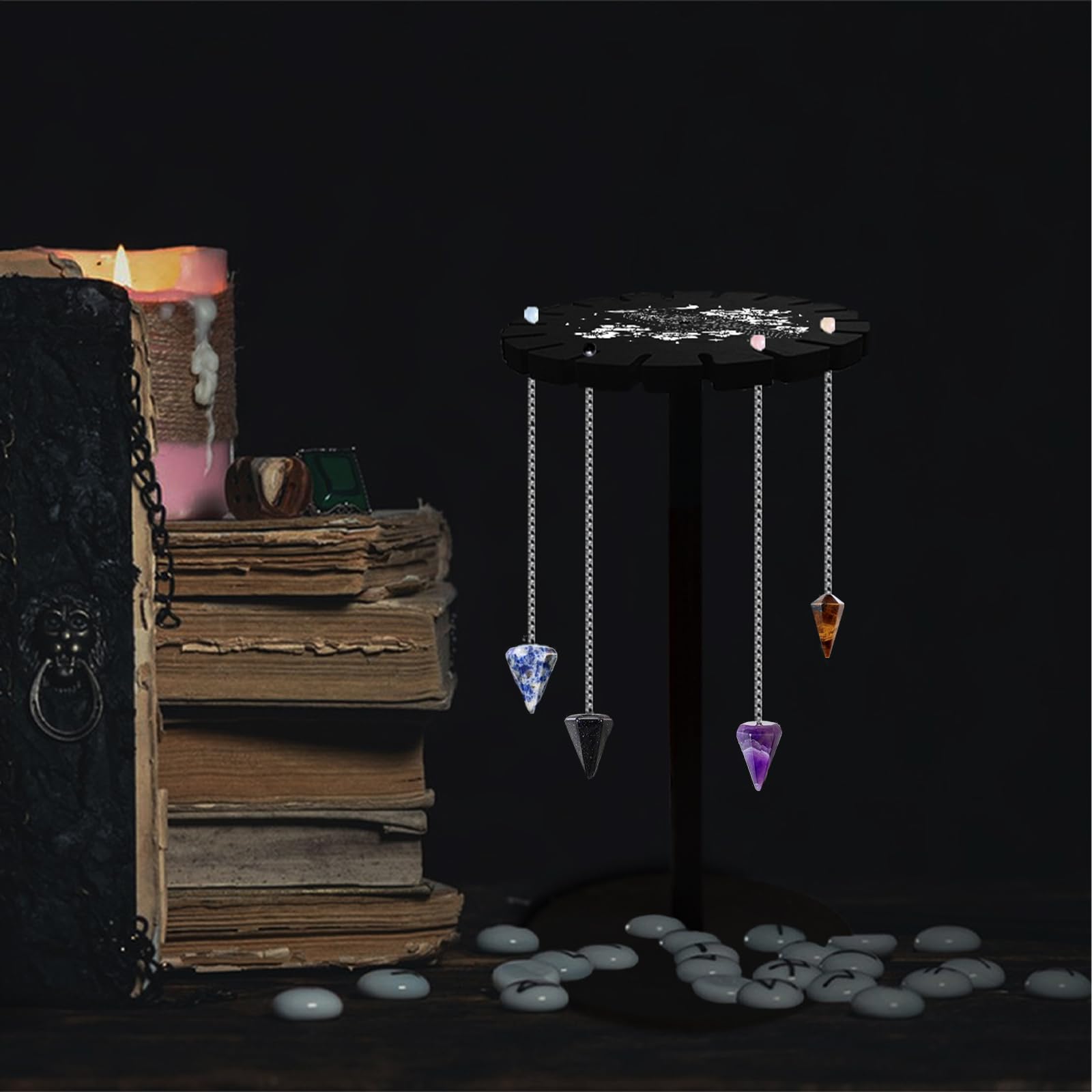 CHGCRAFT Crow Flower Pendulum Holder Crystal Shelf Black Crystal Display Shelf Pendulum Display Stand with Hand Moon Witch Stuff Wooden Pendulum Holder Stand for Crystal Essential Oil