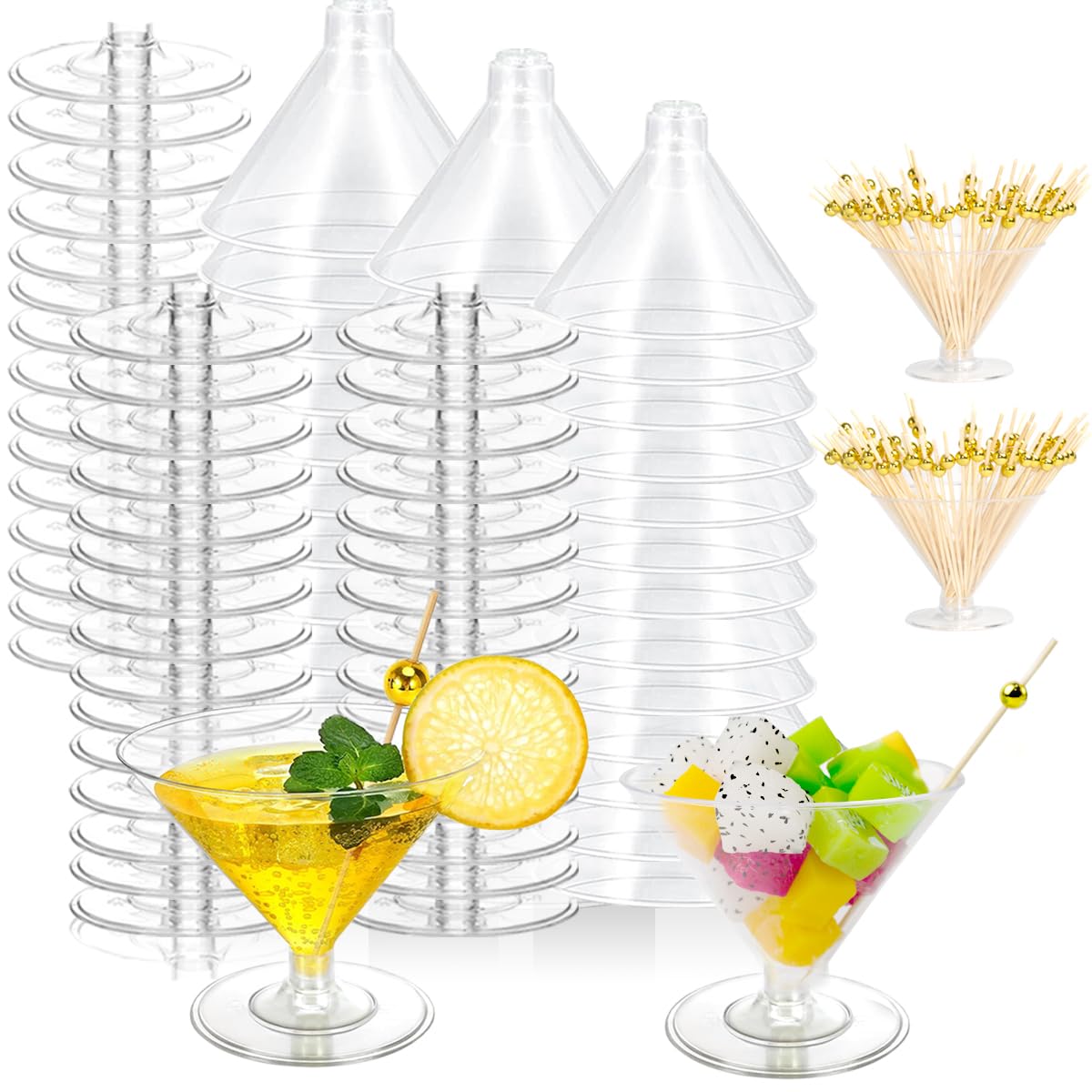 Cashger 100 Pack Plastic Martini Glasses 5 Oz Mini Dessert Cups Clear Cocktail Glasses with Cocktail Sticks Clear Short Stem Shot Glasses for Party Wine, Desserts and Appetizers