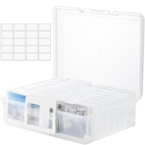 haundry photo storage box with 16 inner 4" x 6" photo case, portable storage organizer with handle craft keeper for picture, stickers, stamps, screws, hair clips, clear