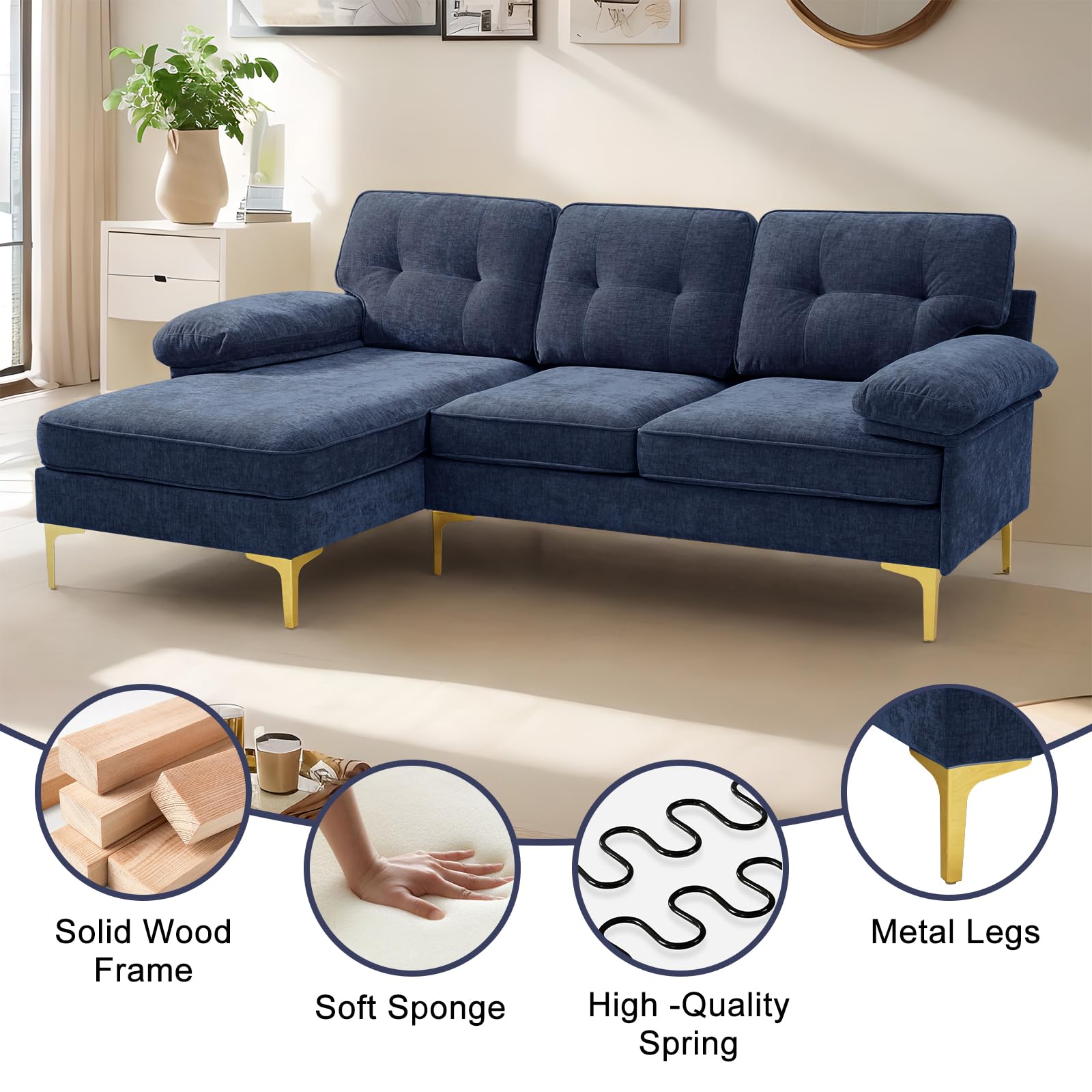 EASELAND 83" Chenille L Shape Couch, Convertible Modern Sofa for Living Room, 3-Seat Comfy Sofa Sectional with L/R Reversible Chaise, Deep Seat Sofa with Fluffy Armrests (Navy)