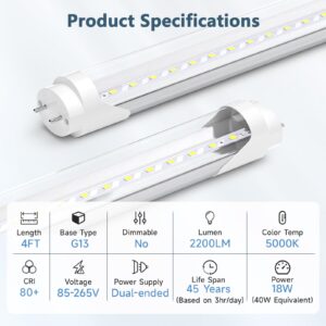 SHINESTAR T8 LED Bulbs 4 Foot, Tube Lights 18W 2200LM, 5000K Daylight, Ballast Bypass, Dual-end, T8 T10 T12 LED Replacement for Fluorescent Tubes, 2 pin G13 Base, Clear Cover, 4 Pack