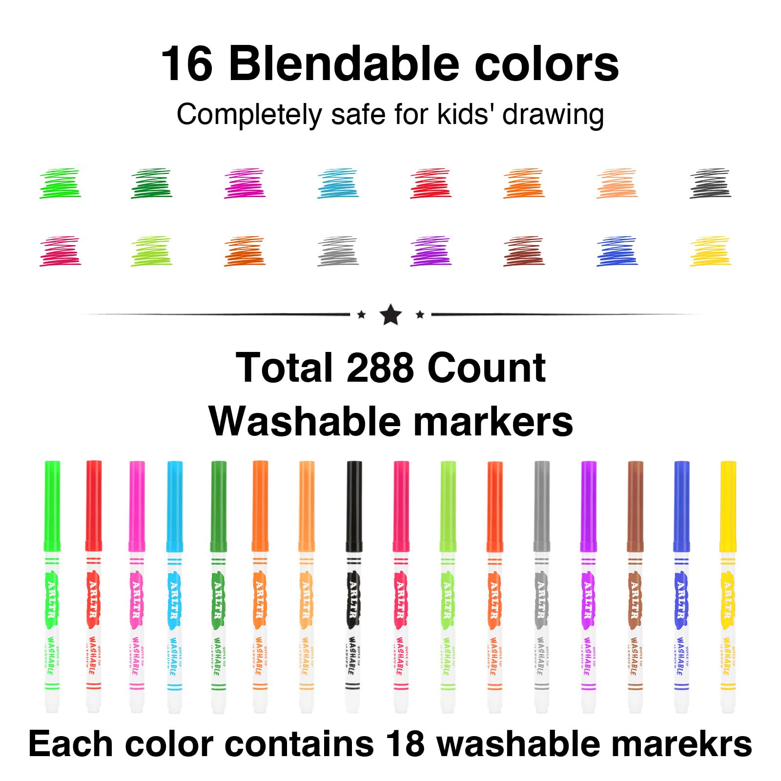 ARLTR Washable Markers Bulk, Bulk Pack of 320 in 16 Vibrant Colors with Super Tip - Perfect for Kids' Classrooms & Teachers