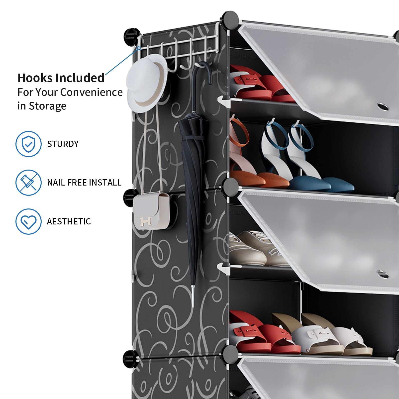 AINIYNM Shoe Rack Organizer 8 Tier Shoe Storage Cabinet 32 Pairs Covered Shoe Rack with Door Expandable Free Standing Stackable Space Shoe Rack with Versatile Hooks for Entryway Bedroom