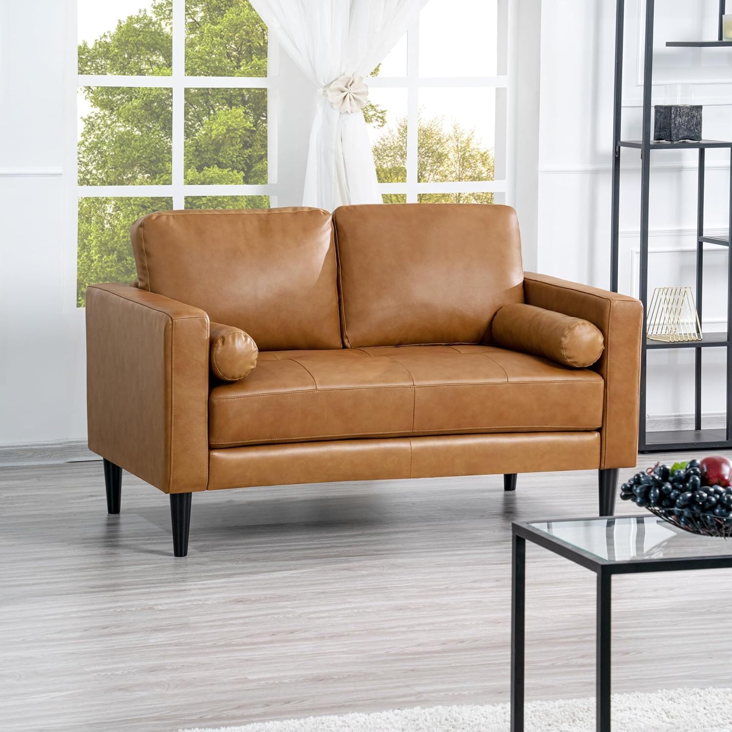 Naomi Home Genuine Leather Loveseat Sofa - Revel in Exquisite Leather Opulence - Unparalleled Luxury Mid-Century Leather Couch- Embodiment of Cozy Lounging and Contemporary Design, Tan