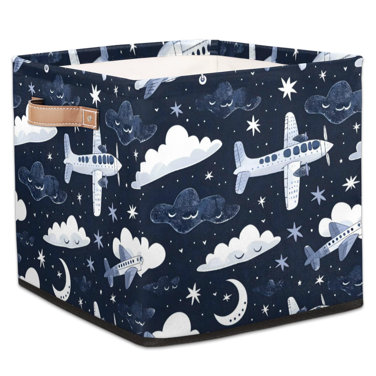 Tablerazzi Aircraft Cube Storage Bin, 13 Inch Collapsible Fabric Storage Cube Bin, Flying Airplane Navy Blue Foldable Cube Baskets for Shelf, Closet, Organizer