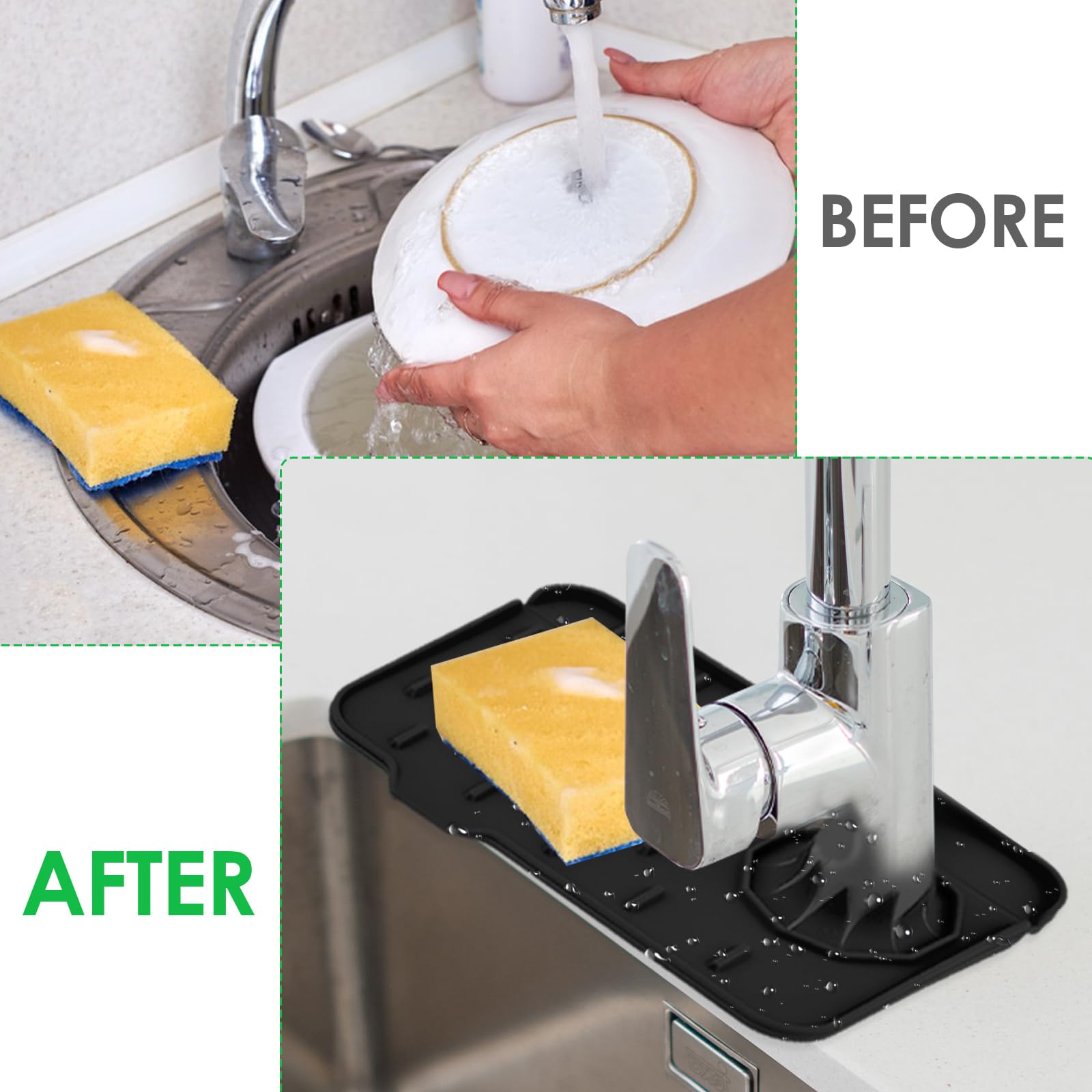 Dimeho Sink Faucet Splash Guard Mat Silicone Soap Dish Pad Faucet Handle Drip Catch Sponge Holder Sink Protector Trays for Bathroom Kitchen Countertop Gadgets Accessories 8.3 x 5.7 Inch(Black)