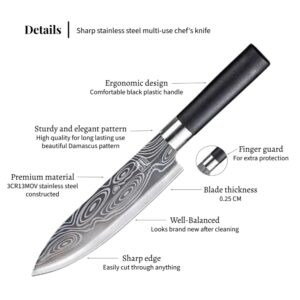 HIPERMAX kitchen knife professional multi-purpose 7 inch Damascus model, sharpened stainless steel with black ergonomic plastic handle for cutting food, deluxe gift box