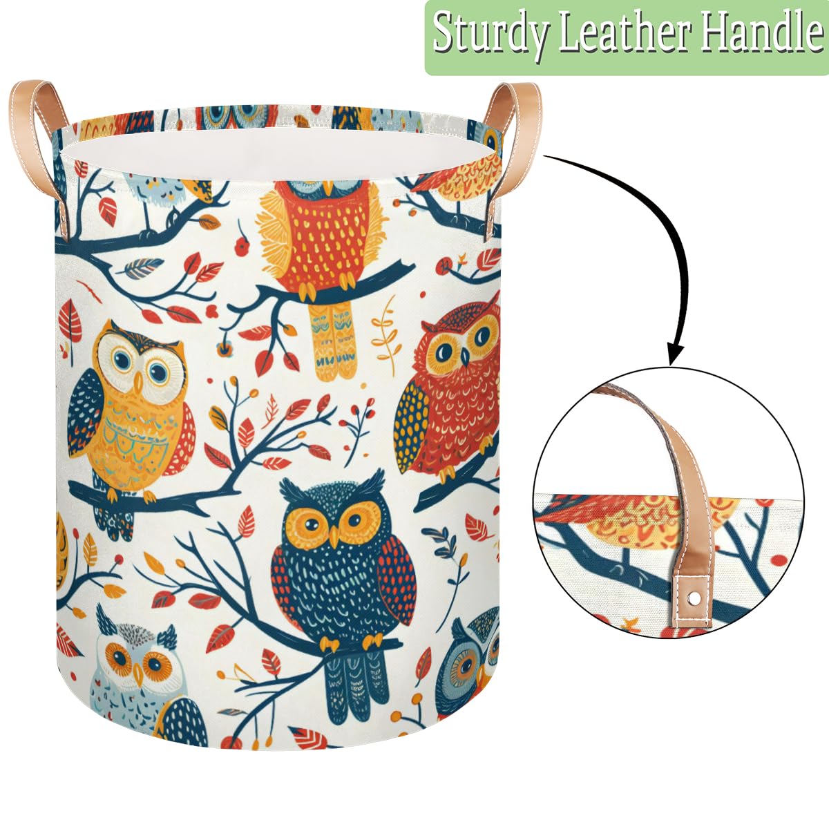 Tablerazzi Laundry Hamper Owl Colorful Large Collapsible Laundry Baskets Waterproof Clothes Hamper with Leather Handles for Bedroom, Bathroom, Dorm, Toys