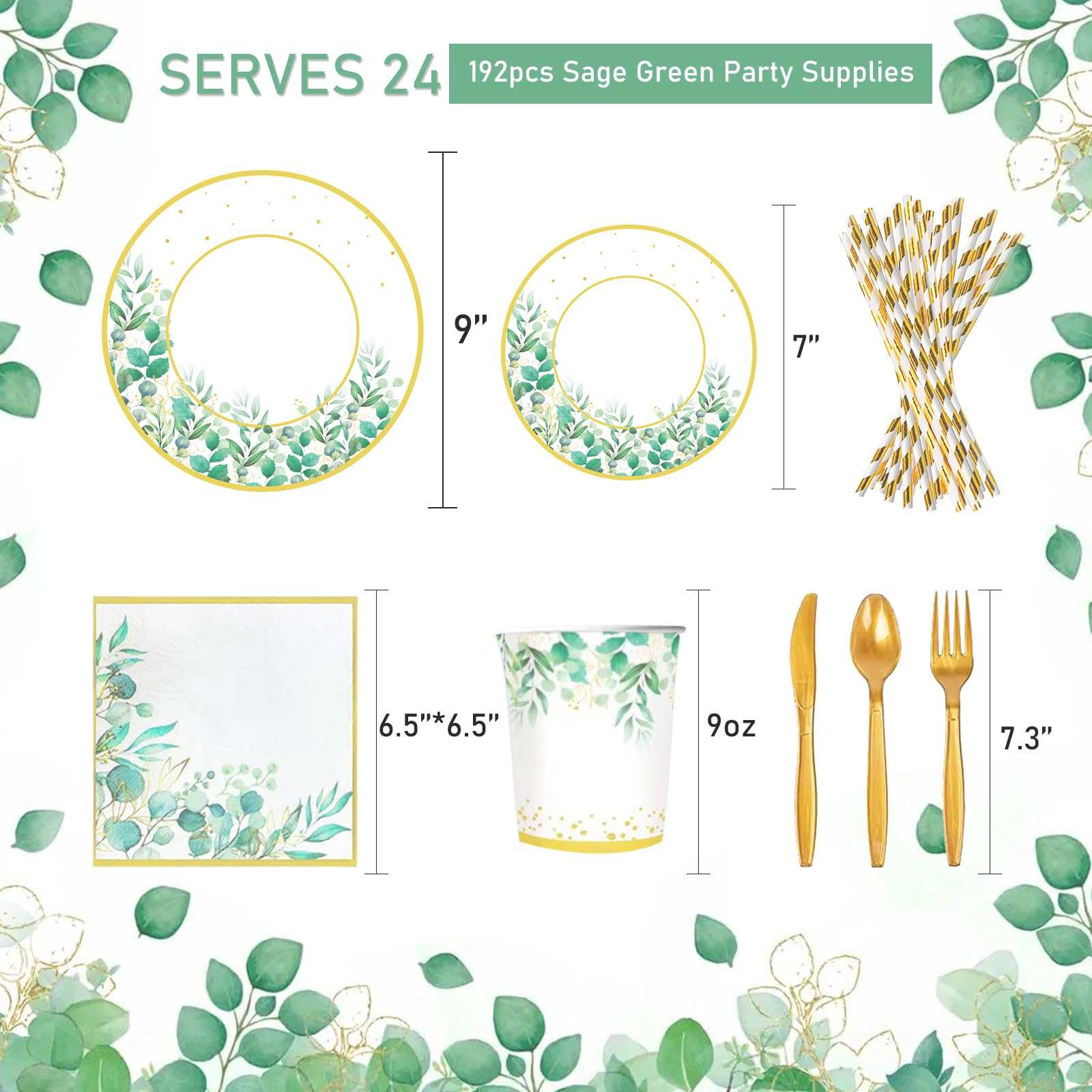 192PCS Sage Green Party Decorations Sage Green Plates Napkins Cups Straws Cutleries Party Supplies Eucalyptus Greenery Tableware for Baby Shower Bridal Shower Birthday Gender Neutral, Serves 24