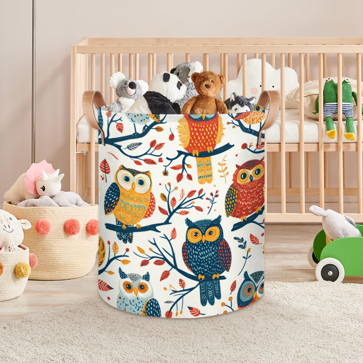 Tablerazzi Laundry Hamper Owl Colorful Large Collapsible Laundry Baskets Waterproof Clothes Hamper with Leather Handles for Bedroom, Bathroom, Dorm, Toys