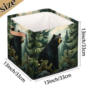 Tablerazzi Black Bear Forest Wild Animals Cube Storage Bin, 13 Inch Collapsible Fabric Storage Cube Bin, Foldable Cube Baskets for Shelf, Closet, Organizer