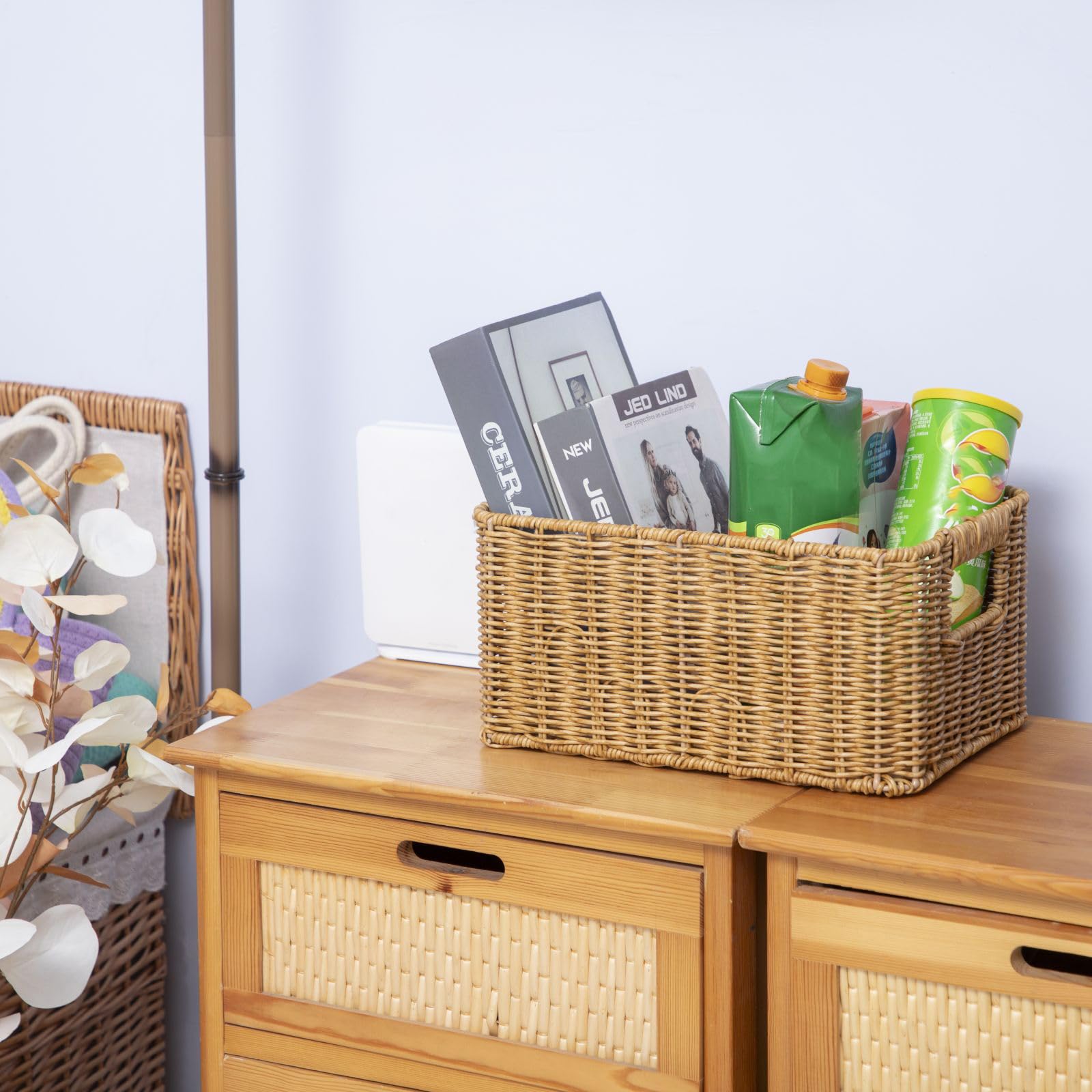 YRMT Rattan Storage Basket Pantry Basket with Built-in Handles Wicker Basket for Organizing Shelves Waterproof Woven Basket Nature 12” x 8” x 6”