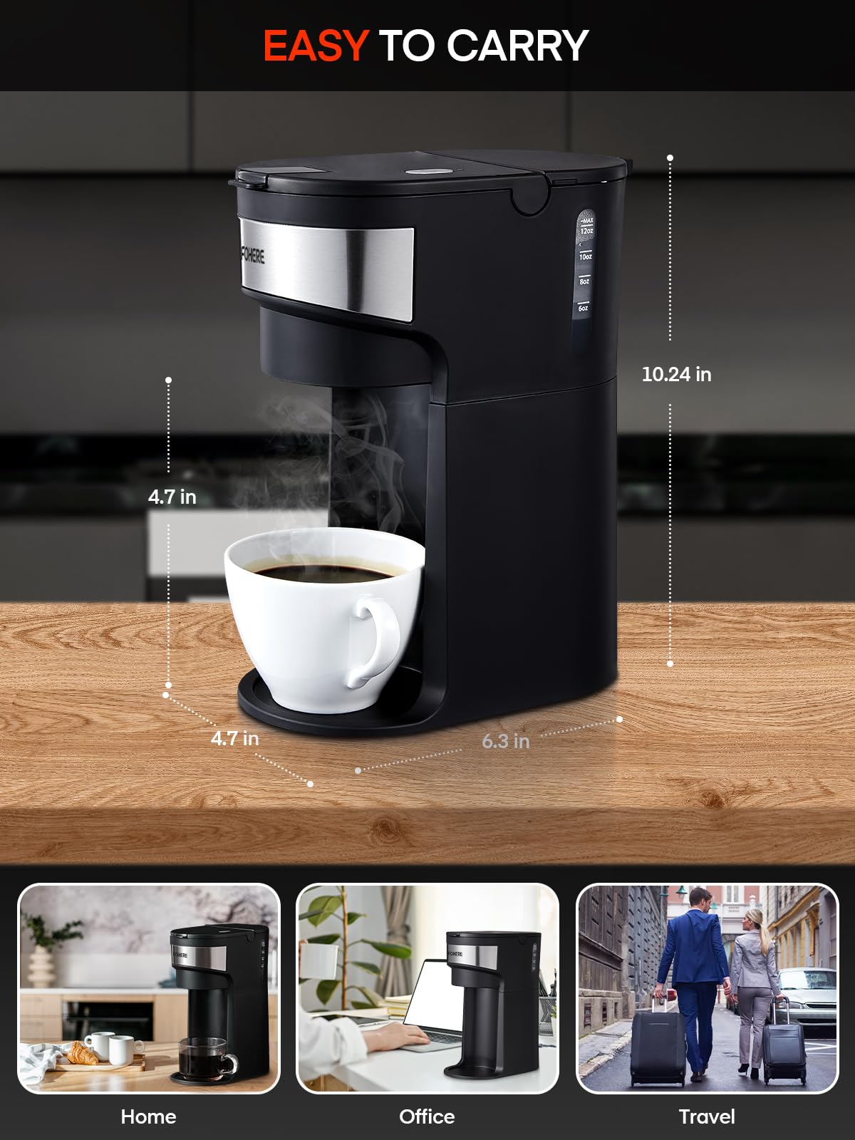 FOHERE Coffee Maker, Single Serve Iced and Hot Coffee Brewer for K Pod & Ground Coffee, with 90s Fast Brewing, 6 to 14 Oz Brew Sizes, 1000W Compact Coffee Machine with Water Window and Descaling Mode