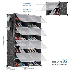 AINIYNM Shoe Rack Organizer 8 Tier Shoe Storage Cabinet 32 Pairs Covered Shoe Rack with Door Expandable Free Standing Stackable Space Shoe Rack with Versatile Hooks for Entryway Bedroom