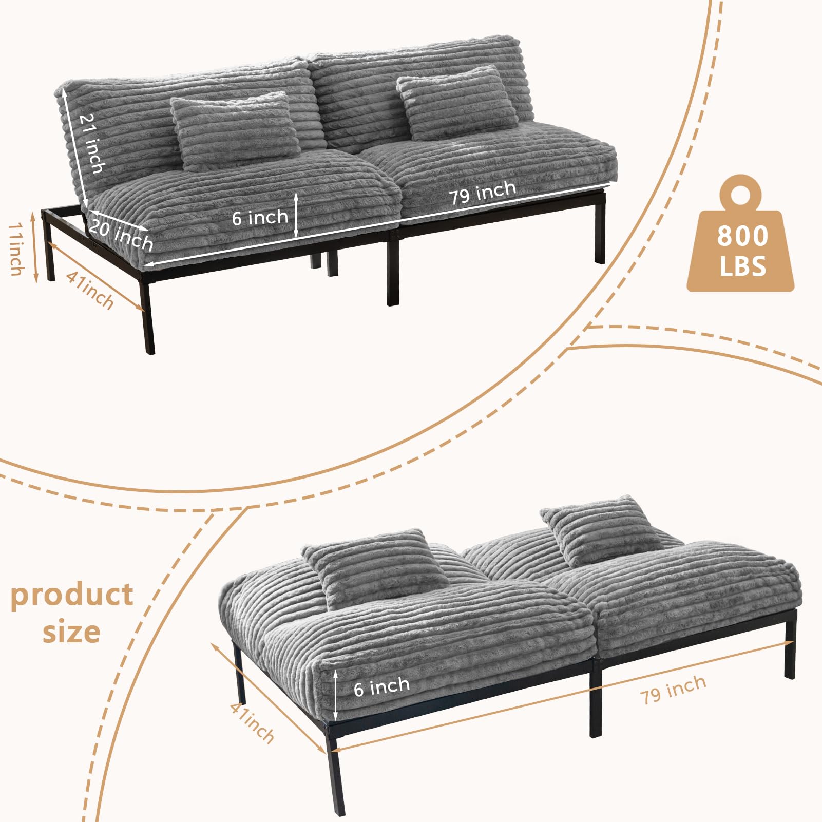 YOSHOOT Futon Sofa Bed Couch, Convertible Sleeper Sofa Bed, Adjustable Backrests Daybed Loveseat, Futon Couch for Living Room Bedroom, Grey