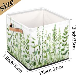 Tablerazzi Sage Green Leaves Cube Storage Bin, 13 Inch Collapsible Fabric Storage Cube Bin, Spring Eucalyptus Foldable Cube Baskets for Shelf, Closet, Organizer