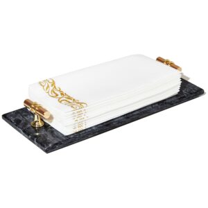 denique guest towel holder tray for bathroom, 12" marble bathroom tray, paper napkin holder hand towel tray for bathroom, countertop organizer vanity tray decorative tray with gold handles (gray)