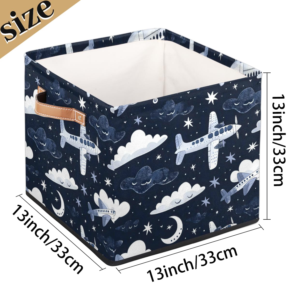 Tablerazzi Aircraft Cube Storage Bin, 13 Inch Collapsible Fabric Storage Cube Bin, Flying Airplane Navy Blue Foldable Cube Baskets for Shelf, Closet, Organizer