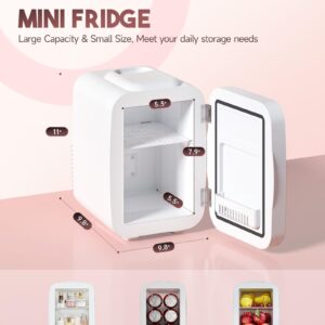 BEICHEN Mini Skincare Fridge with Dimmable LED Light Mirror,4 L/6 Can Mini Fridge for Bedroom,Office, Car, Dorm,Cooler & Warmer, Makeup Fridge for Skin Care, Cosmetics, Food,White