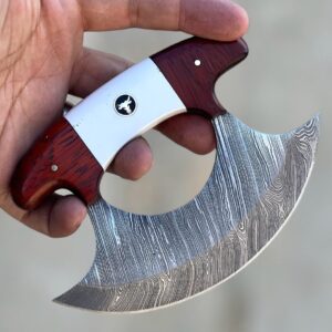 Bodacious Knives Damascus Ulu Knife- Handmade 5.5"" Alaskan Pizza Cutter Small Ulu Knife with Sheath- Ideal Alaska gifts for Chopping, Slicing, Mincing, and Skinning (Red & White), Traditional