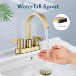 Aolemi Bathroom Faucets for Sink 3 Hole,4 Inch Centerset Waterfall Faucet Bathroom Sink Faucet,2 Handle Faucet for Bathroom Sink,with Pop-Up Drain and Supply Lines,Brushed Gold